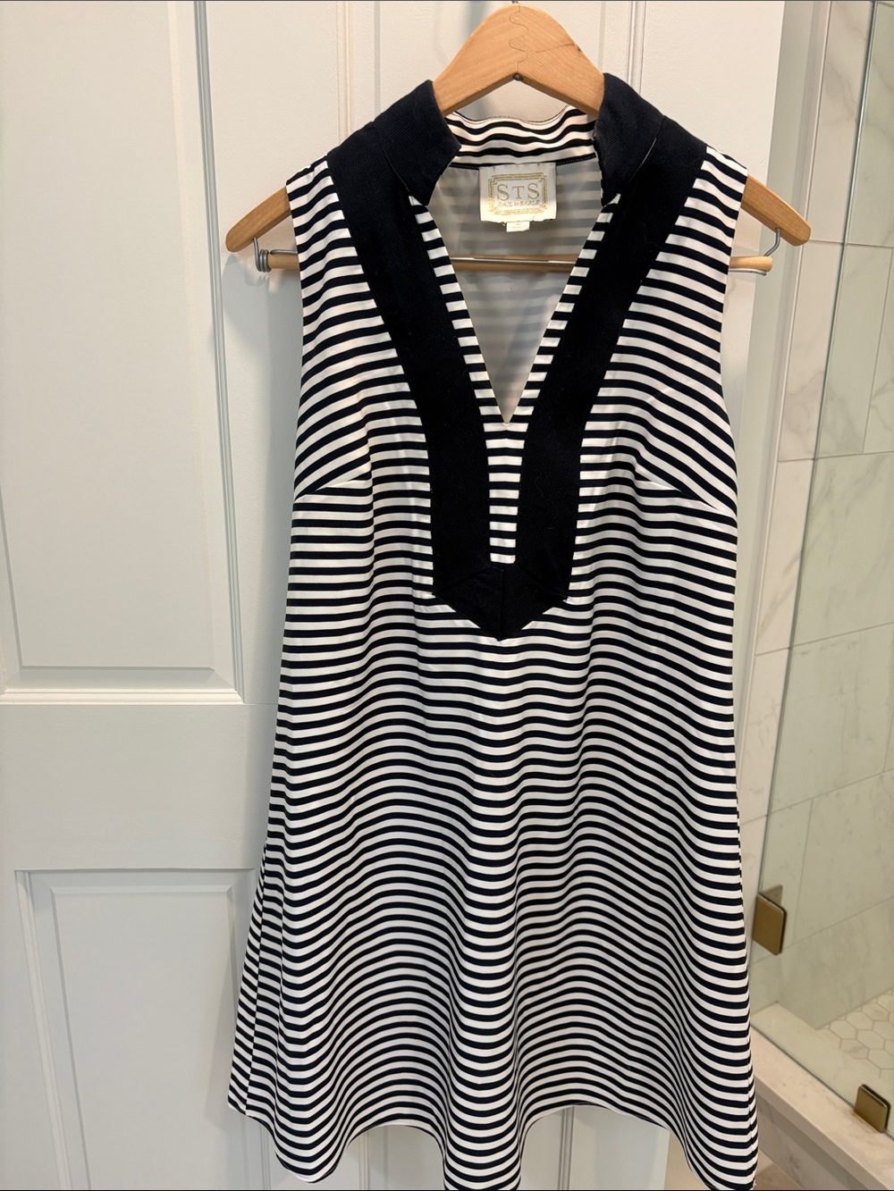 Sail to Sable Navy and White Striped Sleeveless V-Neck Dress